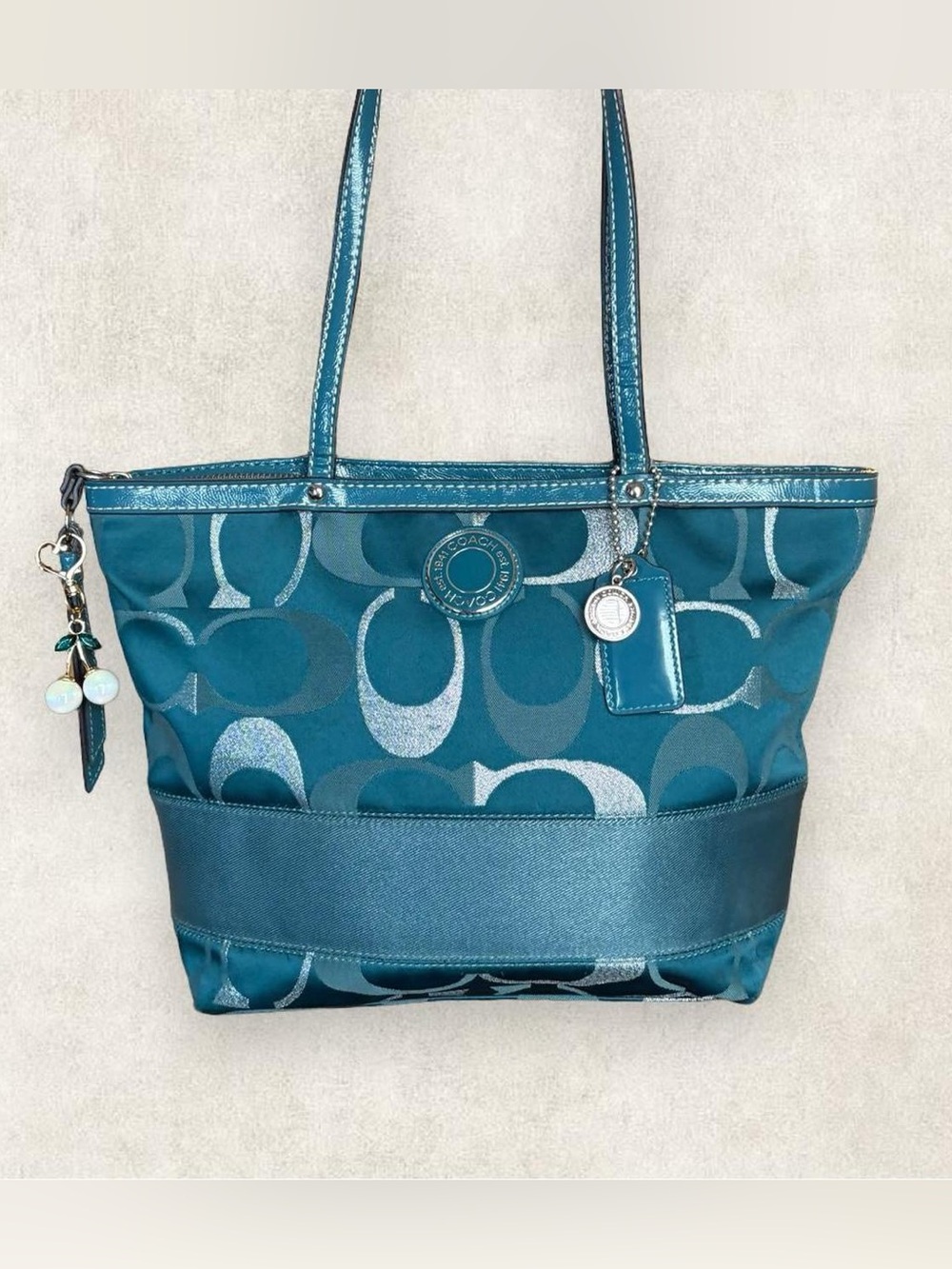 Vintage Y2K Coach Signature Stripe teal tote bag